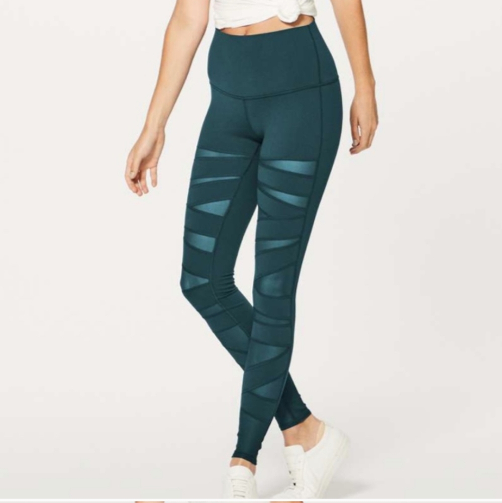 Lululemon Wunder Under High Times Tech Mesh Leggings 31" Teal - Women's Size 10